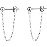 Tiny Ball Earrings with Chain Dangle Earrings 925 Sterling Silver Stud Earrings