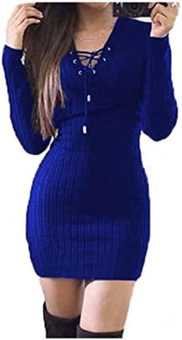 Anxinke Women Solid Long Sleeve Lace up V Neck Casual Bodycon Sweaters Mini Dress Black