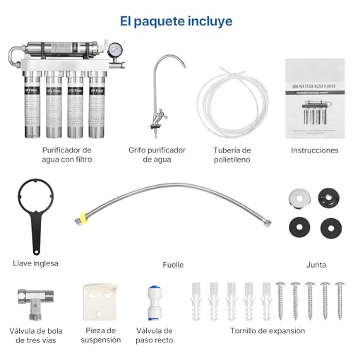 Purificador de Filtro agua 5 Etapas Acero Inoxidable 304, Filtro de Agua para Casa, Osmosis Inversa, Ultrafiltración de 0.01 μm, Elimina el 99% de los Contaminantes, con Manómetro