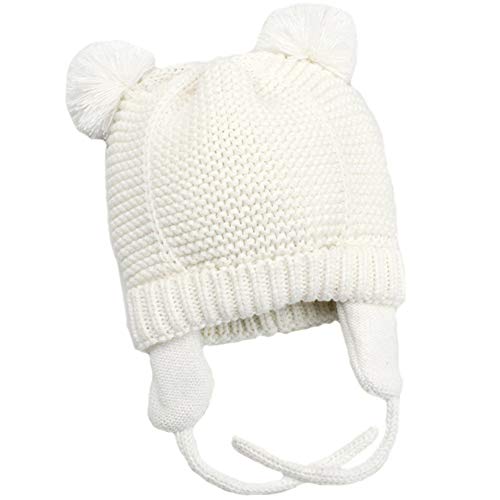 Baby Beanie Earflaps Hat - Infant Toddler Girls Boys Soft Warm Knit Hat Kids Winter Hat with Fleece Lining (White,L)