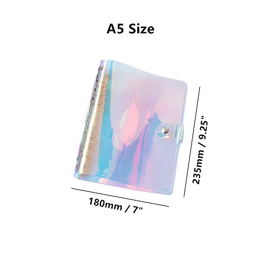 Standard 6 Holes Rainbow Binder Covers Colorful Clear Soft PVC Notebook Round Ring Binder Cover Protector Snap Button Closure Loose Leaf Folder (Colorful, A5)