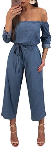 Women's Sexy Off Shoulder Roll Sleeve Drawstring Jeans Jumpsuit Rompers