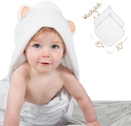 Large Bamboo Baby Hooded Towel & Washcloth Set Luxury Extra Soft Organic & Hypoallergenic Sensitive Boy Girl Unisex for Newborn Baby Infant & Toddler Baby Towel with Bear Ears Baby Shower Gift