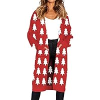 Basde Womens Christmas Tree Cardigan Long Sleeve Print Knitted Sweater Open Front Cardigan Pockets (Medium, Red)
