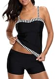 Dearlovers Women Adjustable Striped Straps Color Block Swimsuits Tankini Top Set with Boyshort