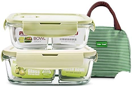 IHOUSE Glass Storage Box Set (2) + Insulation Package, Sealed and Leak-Proof, Compartment Salad Box, Heat-Resistant 400 °C Lunch Box/Tableware, 680ml + 800ml Green