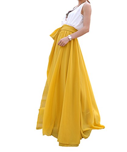 MELANSAY Women's Beatiful Bow Tie Summer Beach Chiffon High Waist Maxi Skirt XXL,Mustard Yellow