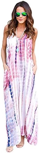 UBetterM Womens Maxi Dress Tie Dye Print Boho Pocketed Maxi Dress