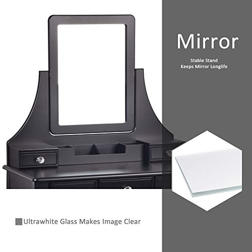 Amooly Vanity Set with Mirror,5 Large Sliding Drawers, Removable Makeup Organizer,Cushioned Stool Dressing Table Vanity Makeup Table Black