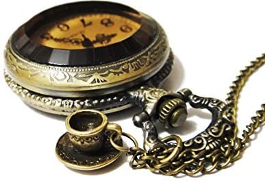 Alice in Wonderland Afternoon Tea Cup Pocket Watch Necklace Chain Pendant - Retro Steampunk Tea Yellow Pocketwatch Charm