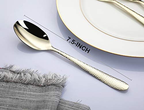 Gold 12-Piece Dinner Spoons Set, Hammered 7.5-inch Stainless Steel Golden Table Spoons Flatware Silverware Sets Cutlery… - Image 3