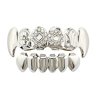 Sunsamy Teeth Grills, 18K Gold Plated Gold Rhinestone Hip Hop Poker Top and Bottom Dental Cover Grills Set Teeth Mouth Caps (Color : Silver)