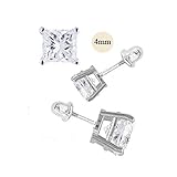 14K White Gold 4mm Princess Cut Simulated Diamond Stud Earring Set on Prong Setting, Screw Back Post