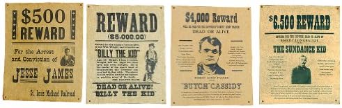 Jesse James, Billy the Kid, Butch Cassidy & The Sundance Kid Wanted Posters Set