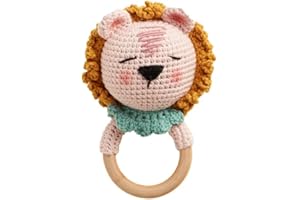 Chippi & Co Crochet Baby Rattle, Crochet Baby Toys, Stuffed Baby Doll, Organic Wooden Newborn Toys, Knitted Stuffed Animals for Babies Boy, Girl, Fathers Day New Dad Gifts (Rory The Sleepy Lion)