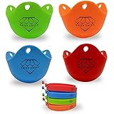 Egg Poacher Cups with Egg Ring Molds | Pack of 8 BPA Free Non-stick Pods and Silicone Round Rings | Microwave or Stovetop Cooking | Pancake Maker | 4 Colors | Gift Box | BONUS