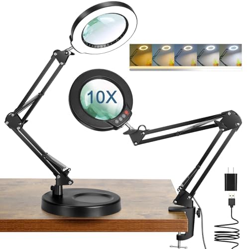 Photo 1 of Coyeth 10X Magnifying Glass with Light and Stand, 5 Color Modes Stepless Dimmable 2-in-1 Lighted Magnifier with Clamp, LED Desk Lamp Hands Free for Crafts Hobby Reading Painting Sewing Close Work