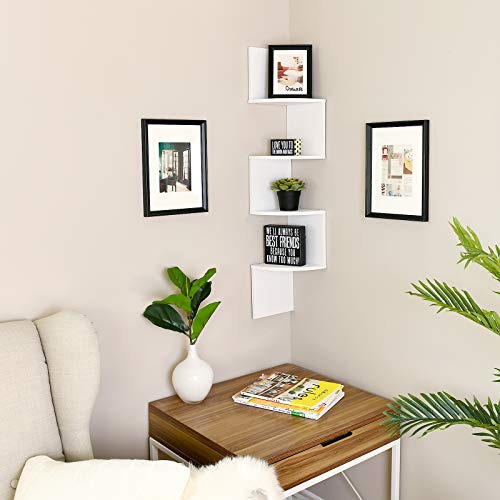 WELLAND White Finished Floating Shelf,Zig Zag 4 Tiers Corner Wall