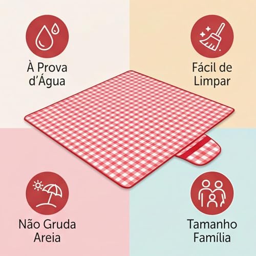 Tapete Piquenique Impermeável Dobrável, Grande 200x200cm, com Alça, Toalha para Picnic, Parque, Praias, Passeios ao Ar Livre, a Prova de Água, Fácil de Carregar (Vermelho)
