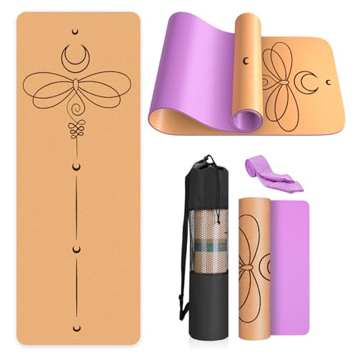 Haninj® Yogamatte-Kork, Rutschfest, Einzigartiges Design, Extradick Natürlicher Kork, TPE Fitness-Trainingsmatte mit Tragetasche und Gurt, für Zuhause, Pilates,