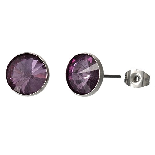 Birthday Stainless Steel Post Stud Earrings With Rhinestone (February Color Studs)