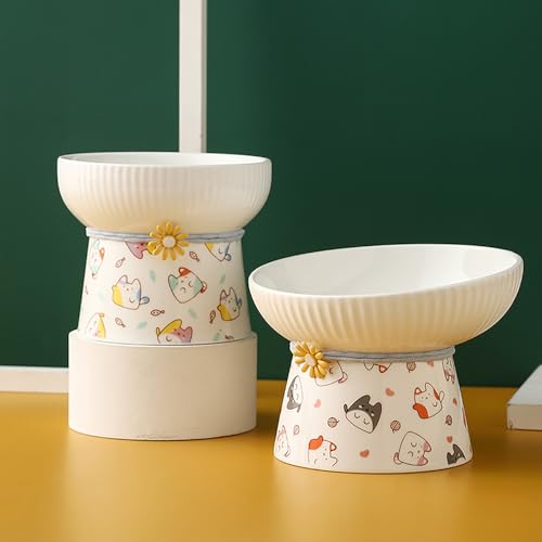2 Pcs Elevated Ceramic Cat Bowl Raised Height Cats Feeder for Dry Wet Food & Water Anti Vomit Neck Protective Whisker Fatigue Relief Cat Food Bowls Non-Slip Pet Feeding Dish for Cats & Small Dogs
