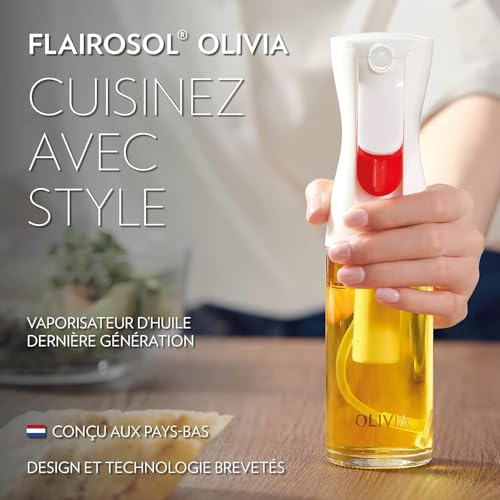 FLAIROSOL OLIVIA Glass Oil Spray Bottle 130ml - Continuous Spray Technology with Portion Control - Versatile for Kitchen, Salads, Barbecues, Vuisson, etc (Gold Logo)