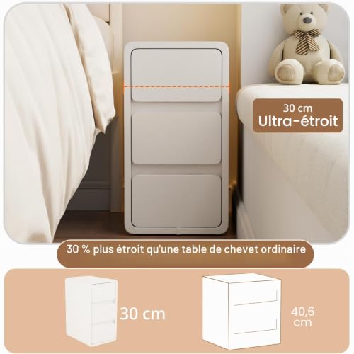 AQIMUELE Narrow Bedside Table, Wooden Bedside Table with 3 Drawers, 30W x 40D x 57H cm, without Installation, Leather Surface, Side Table for Bedroom, Living Room (White)
