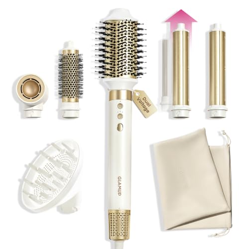 GLAMUP Dual Voltage 6-in-1 Hot Air Styler & Hair Dryer Brush, Long-Lasting & No Heat Damage, Patented Golden Temp, 110K RPM & Negative Ions for Frizz-Free Fast Drying, Curling, Volumizing & Diffusing, for Curly & Thick Hair,Gift Set