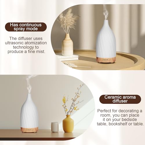 Ceramic Essential Oil Diffuser Humidifier, GuKKK Silent Ultrasonic Aromatherapy Humidifier, with Timers and 7 LED Colors, for Home Office Bedroom (100ml)