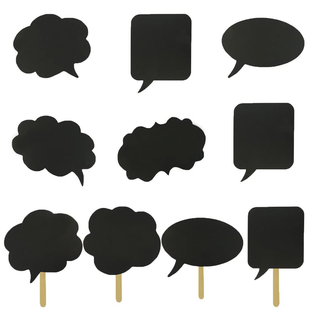 Photo 1 of 10pcs Blank Photo Booth Props, Mini Photo Booth Blank Signs, Tvorvik Writable Chalkboard Props with Chalk and Sticks, Black Speech Bubble Signs, Fit for Wedding Party, Birthday Party, Baby Shower