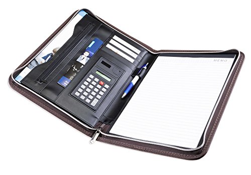 Careli Business Padfolio Portfolio with BONUS Wallet + Calculator + Writing Pad, Stylish Brown Faux Leather Resume Holder Organizer with Zippered Closure, Multiple Pockets, #1 Gift for Professionals