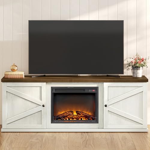 Photo 1 of VASAGLE Fireplace TV Stand for TVs up to 80 Inches, 18-Inch ELectric Fireplace with Remote, Farmhouse Entertainment Center, Media Console Table for Living Room, Rustic White and Honey Brown ULTV541W01