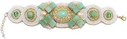 Bead Embroidered Bracelet with Green Aventurine, Cultured Freshwater Pearls. Green, Gold, White Bridesmaid Bracelet Cuff. Free shipping USA &amp; Canada