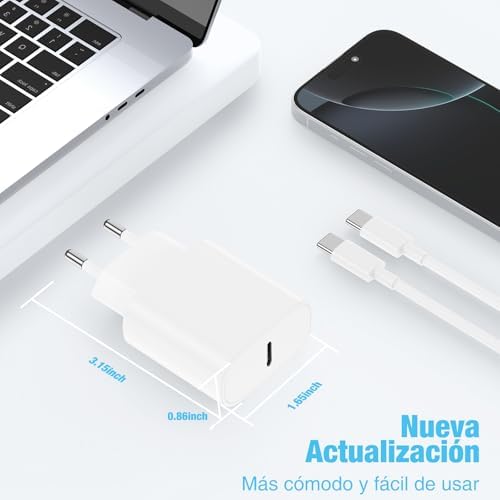 Cargador Carga Rápida USB-C para iPhone 17 16 15 & Cable de Carga Rápida 2M - Adaptador de Enchufe 20W Compatible con iPhone 16e,16/15 Plus,17 Air, 17/16/15 Pro, Pro MAX, Pad