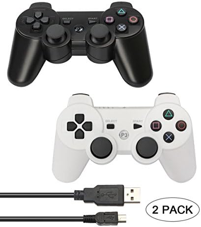 HBetterTech PS3 Controller 2 Pack Wireless Bluetooth Six Axis Controllers Gamepad for PlayStation 3 Dualshock 3 with 2 Charging Cable (1Black + 1White)