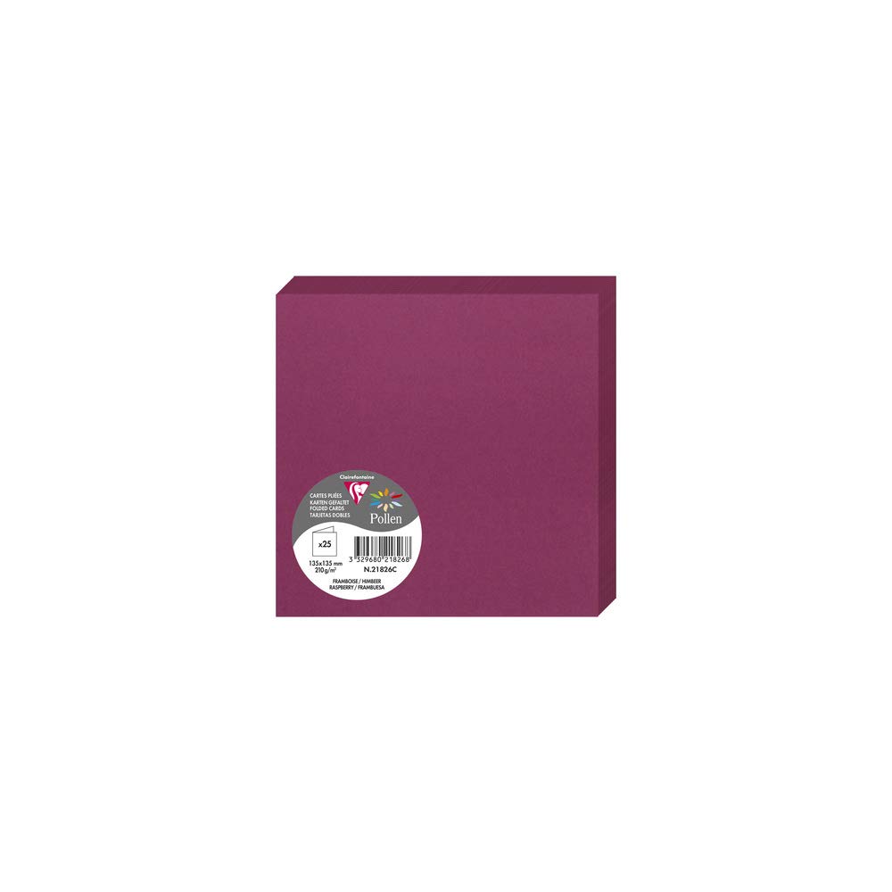 Clairefontaine 21826C Pack of 25 Double Cards Square (13.5x13.5cm) 210g/m² Raspberry colour Invitation Correspondence Cardboard Pollen range Premium Paper