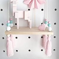 cheerfullus Nordic Style Decorative Display Stand Wall Hanging Shelf Swing Rope Wooden Floating Shelves Kids Room Home Decor (White Green Pink with Pink Tassels)