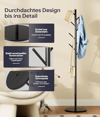 Clothes Rack with 8 Hooks, 3-Way Height Adjustable, Modern Coat Tree Made of Sturdy Metal with Sintered Stone Base for Office and Bedroom, Ideal for Coats, Hats and Bags (30 x 30 x 167 cm)