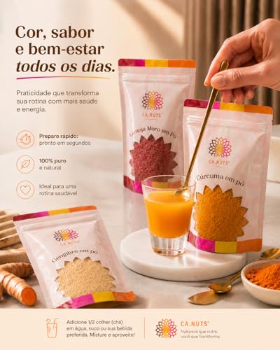 Shot Matinal em Pó – Cúrcuma, Gengibre e Laranja Moro em pó | Aumenta Imunidade, Detox Diário e Termogênico Natural | Kit Ca.nuts