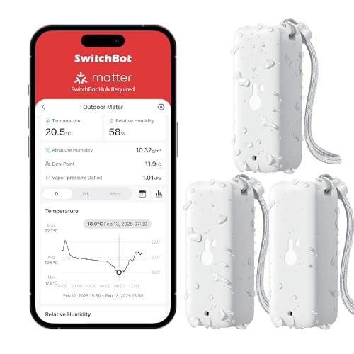 SwitchBot IP65 Hygrometer Thermometer Innen Außen, Bluetooth Thermometer con Taupunkt/VPD/Absolute Feuchtigkeitssensor, Außenthermometer, Datenspeiche
