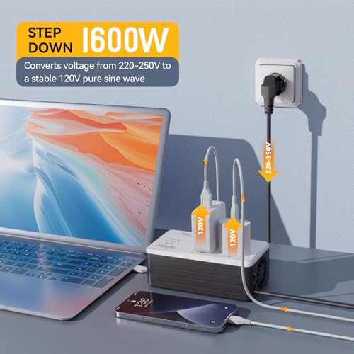 HYTED 1600W 220V to 110V Voltage Converter, Power Any American Appliances in 220-250V, Plug & Play, No Limitations, Universal Power Plug Adapter Voltage Converter US to Europe International Travel