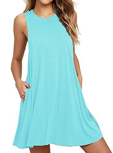 HAOMEILI Women's Sleeveless Pockets Casual Swing T-Shirt Summer Dresses (Medium, Nile Blue)