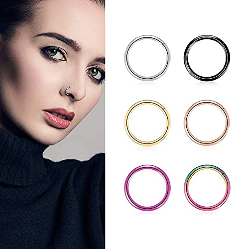 6 Pcs G23 Titanium Body Piercing Rings Hoop 16g 18g Ear Lip Septum Nose Ring Body Piercing Jewelry for Women Men Girls, Gold/Rose Gold/Silver/Black/Blue/Rainbow (18 Gauge, 8mm)