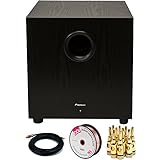 PIONEER 400W Powered Subwoofer Black (SW-10) with 15FT Coaxial Audio/Video RCA CL2 Rated Cable 75ohm, Series 16 AWG Speaker Wire 100ft & Brass Speaker Banana Plugs 5-Pair