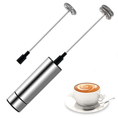 Click Here to See More Images Portable Handheld Electric Milk Frother with 2 Pieces Powerful Spring Whisk Head, Premium Stainless Steel Milk Foam Maker for Coffee, Latte, Cappuccino, Hot Chocolate