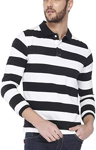 The Cotton Company Men's Cotton Bretton Stripe Full Sleeve Polo T Shirt - Black & White