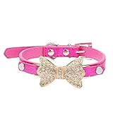 Dog Collars,Haoricu Puppy Hot Cute Crystal Bowknot Small Pet Collar Cat Bell Collar for Dogs Adjustable Leather Buckle Neck Strap Collars (XS, Rose)
