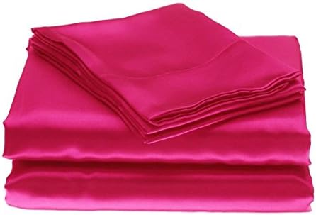 Bedify Bedding 100% Pure Silk Satin Sheet Set 4pcs, Silk Fitted Sheet 15'' Deep Pocket,Silk Flat Sheet & Pillowcases Set !!! King, Hot pink