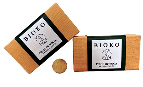 BIOKO Yoga Block Set of 2 + Massage Ball – Ecological Yoga Block Made of Beech 100% Natural – Yoga Block for Yoga Beginners and Advanced Meditation Pilates – Fitness Accessories Aid Eco and Organic